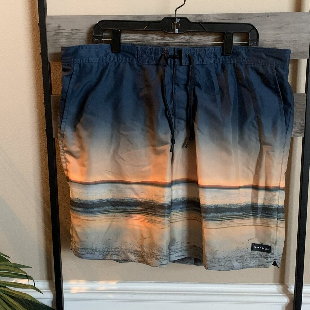 Perry Ellis Men's Orange Sunset Regular Fit Graphic Board Swim Trunks Size XL